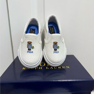 NEW! Ralph Lauren Kids White Slip-On Sneakers with Bear Design
